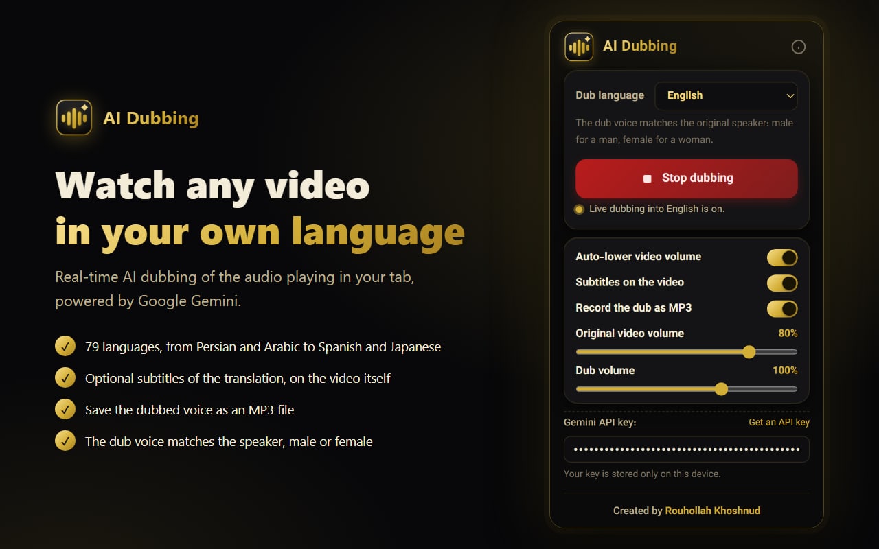 معرفی AI Dubbing — هر ویدئو به زبان خودتان، با فهرست امکانات و پنجرهٔ افزونه